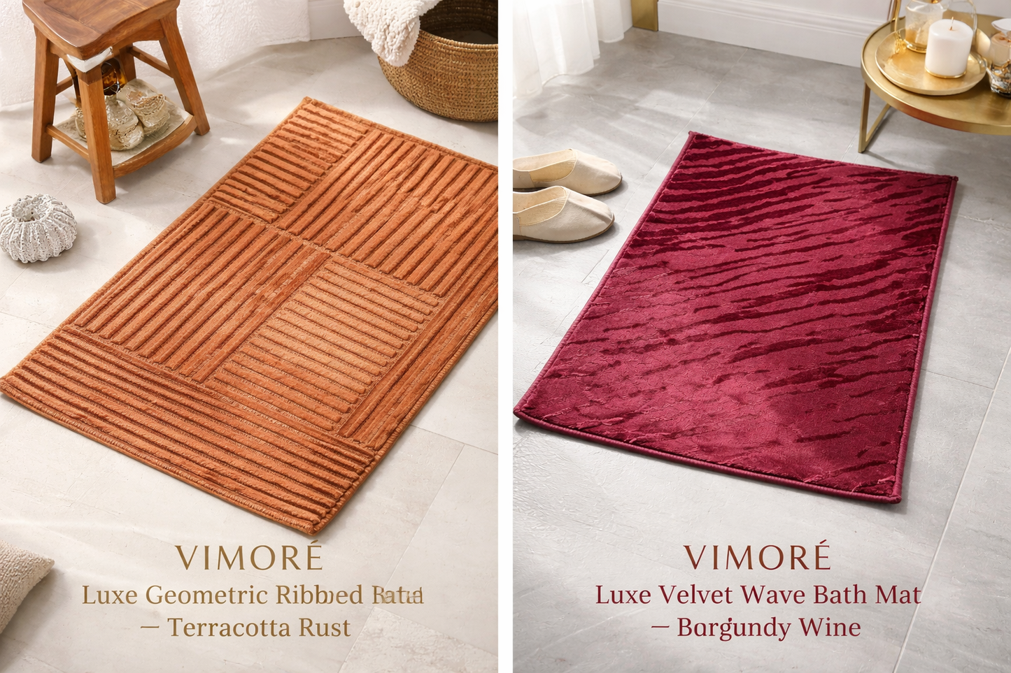 VIMORÈ Luxe Geometric Ribbed Bath Mat – Terracotta Rust AND Burgundy Wine set of 2
