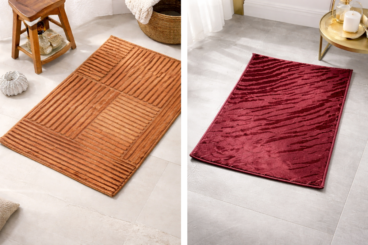 VIMORÈ Luxe Geometric Ribbed Bath Mat – Terracotta Rust AND Burgundy Wine set of 2