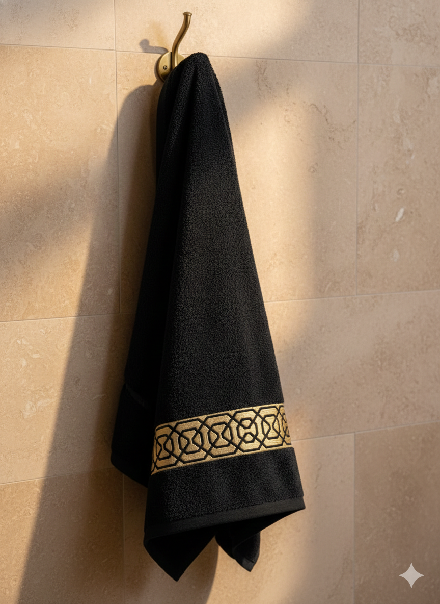 VIMORÈ Noir Royale Cotton Bath Towel – Black with Gold Border