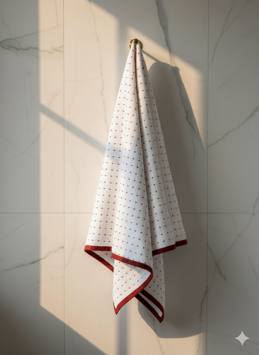 VIMORÈ Ivory Dotted Luxe Cotton Bath Towel – White with Red Border