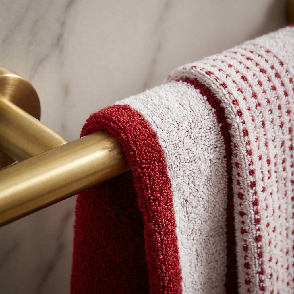 VIMORÈ Ivory Dotted Luxe Cotton Bath Towel – White with Red Border