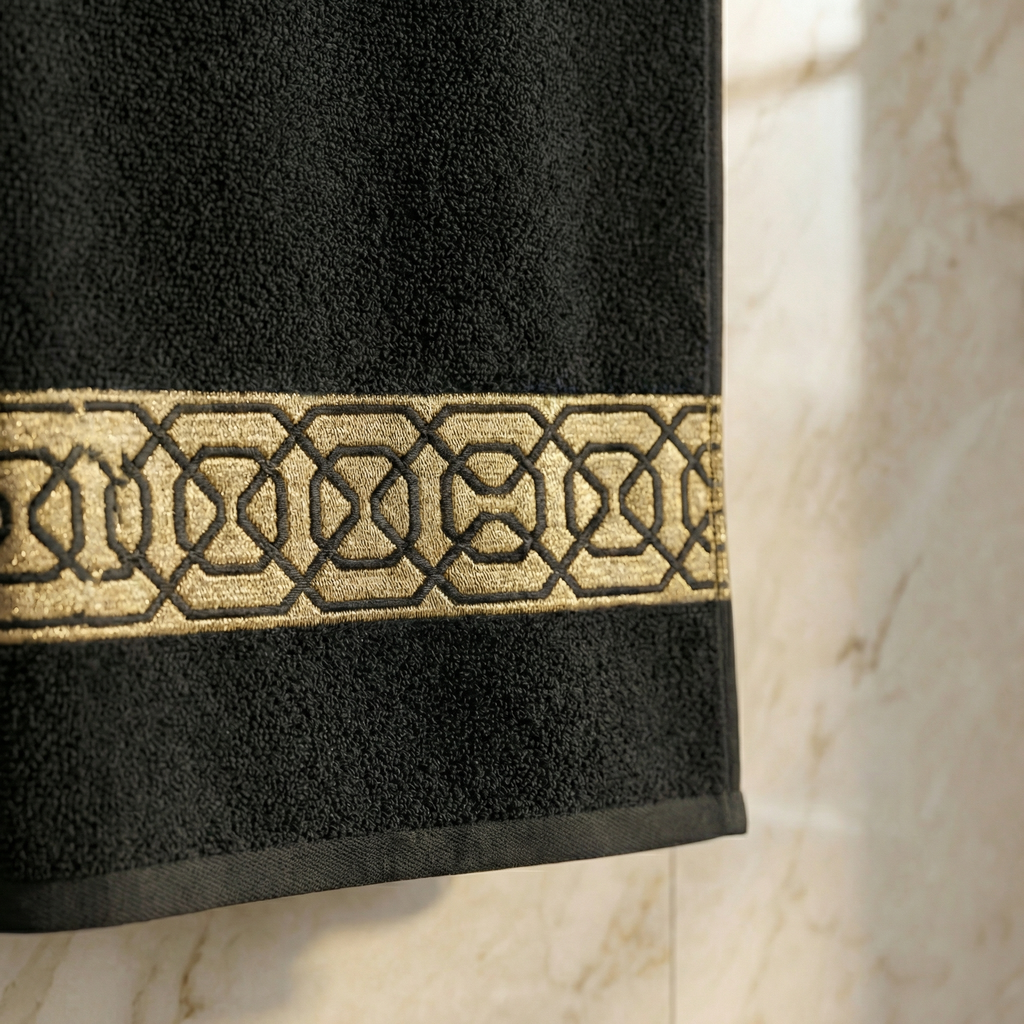 VIMORÈ Noir Royale Cotton Bath Towel – Black with Gold Border