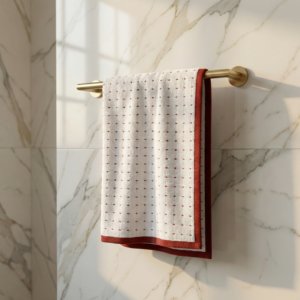 VIMORÈ Ivory Dotted Luxe Cotton Bath Towel – White with Red Border